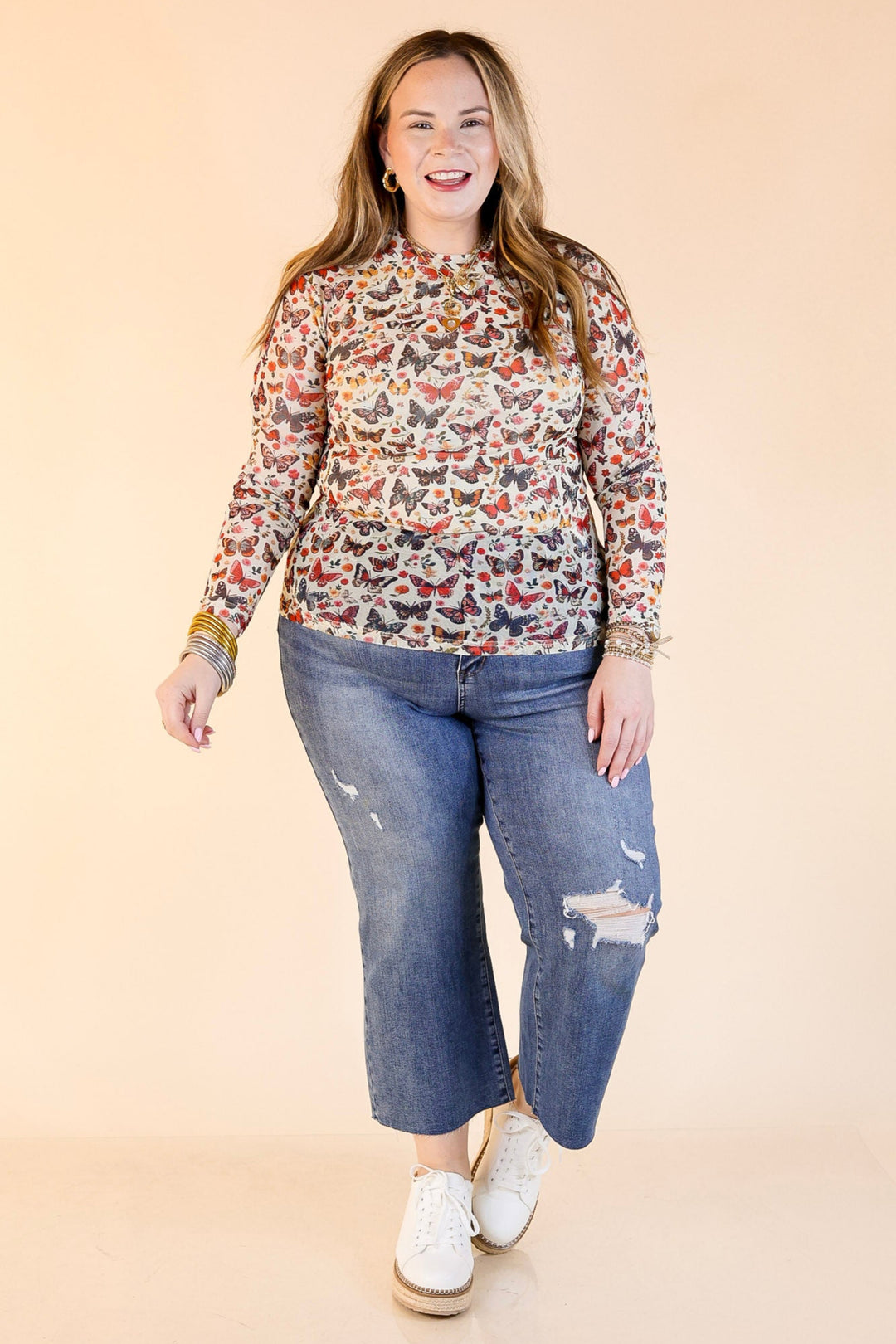 In Full Flutter Butterfly Mesh Top in Cream