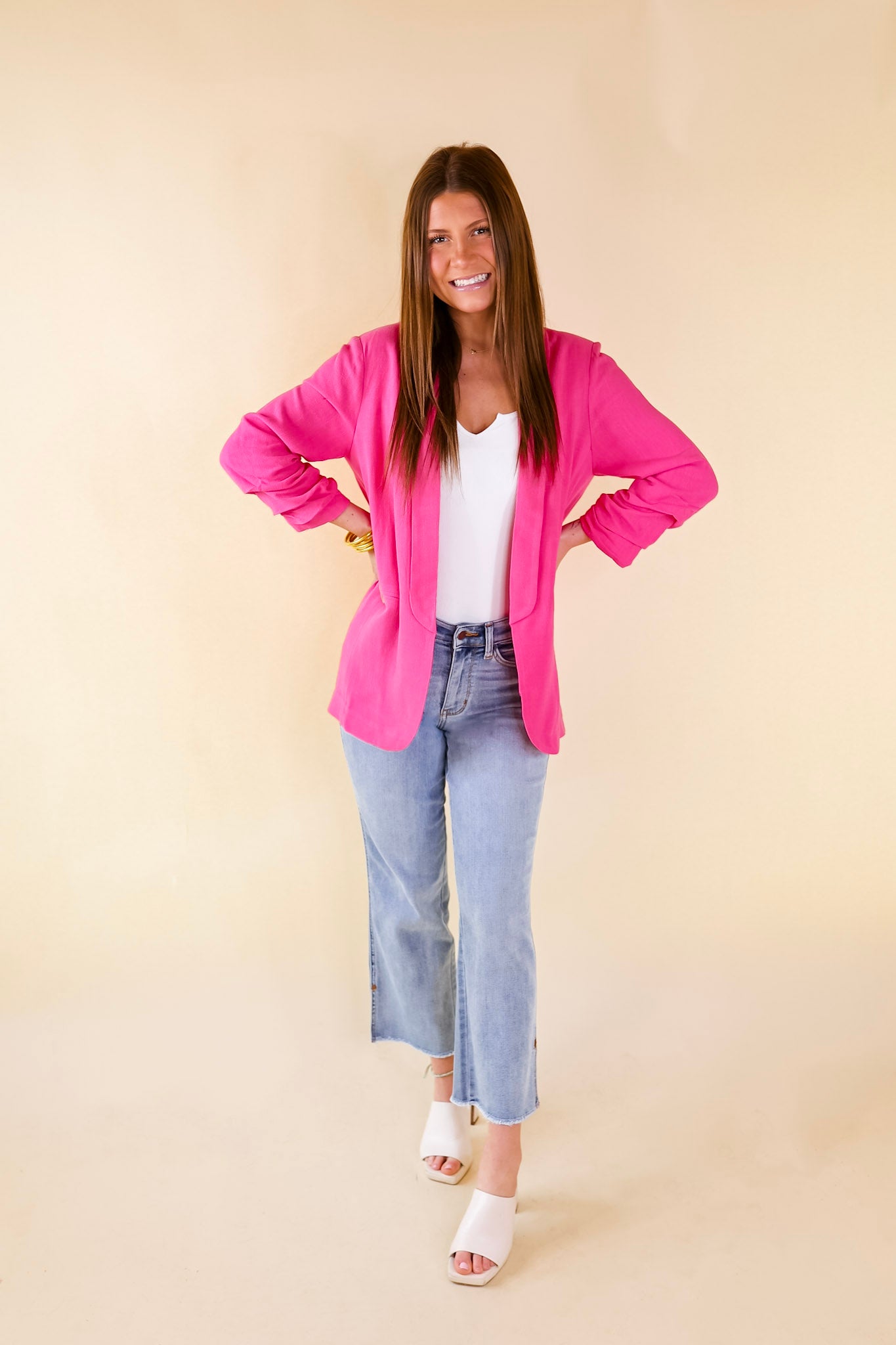 Promise Me Open Front Linen Blazer in Hot Pink - Giddy Up Glamour Boutique