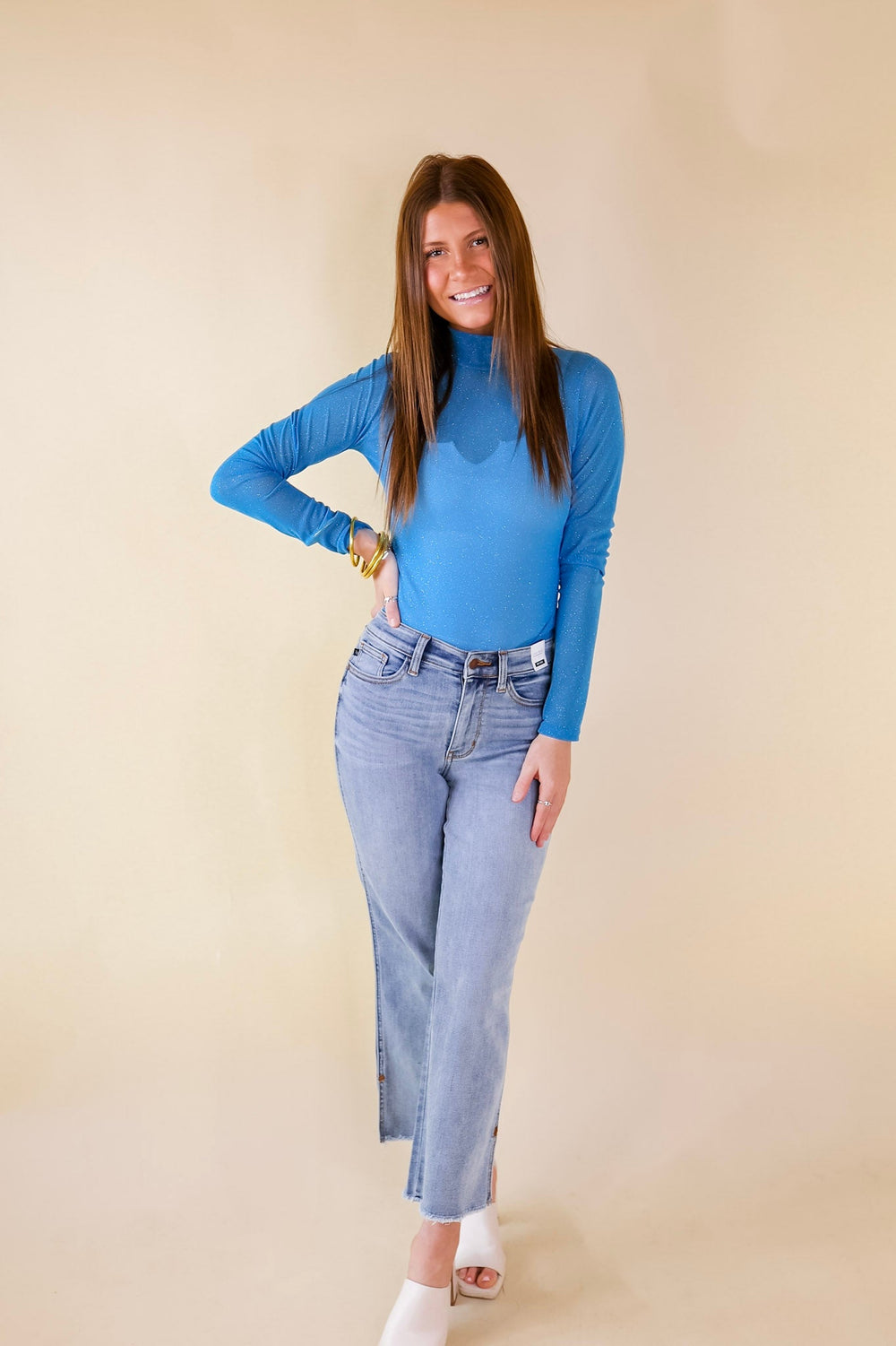 Try Your Luck Glitter Mesh Long Sleeve Bodysuit in Blue - Giddy Up Glamour Boutique