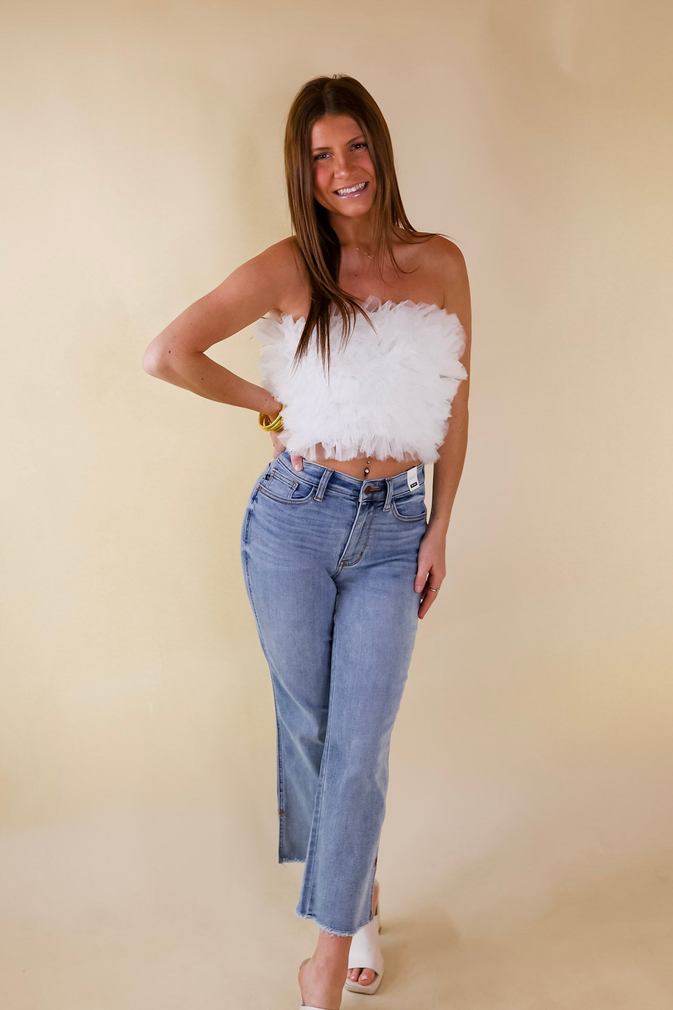 First Class Flair Tulle Cropped Tube Top in White - Giddy Up Glamour Boutique