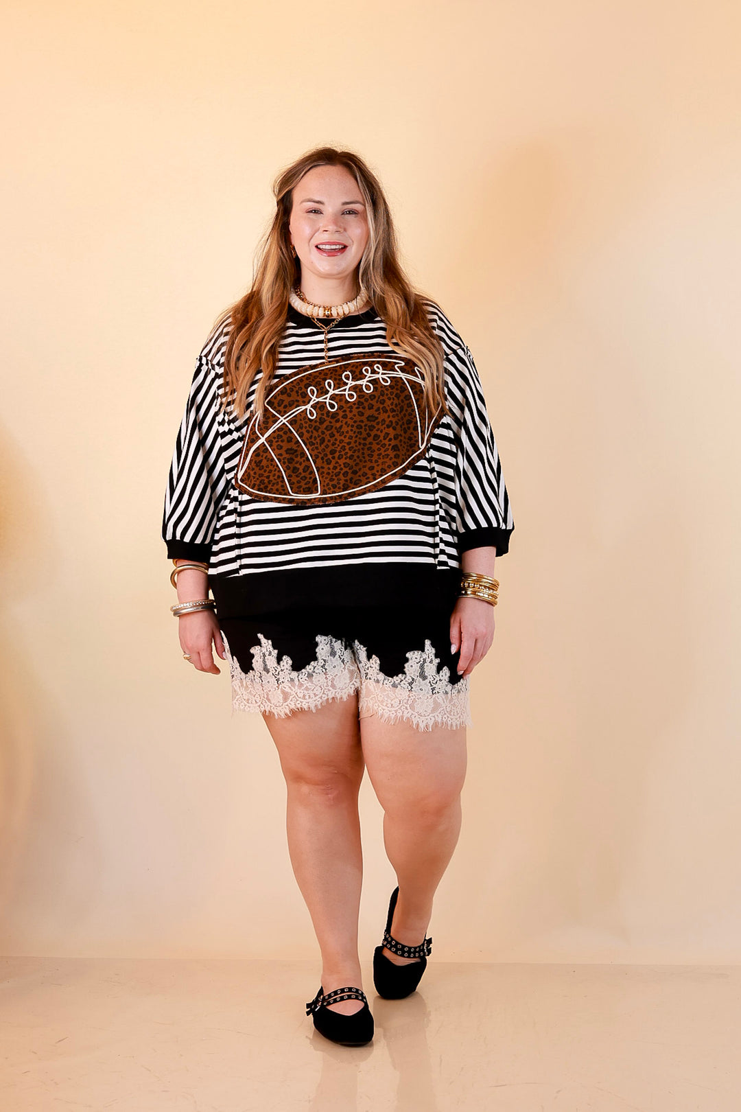 Put Me In, Coach Leopard Football Appliqué Oversized Graphic Striped Top in Black and Ivory