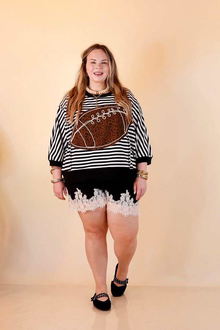 Put Me In, Coach Leopard Football Appliqué Oversized Graphic Striped Top in Black and Ivory