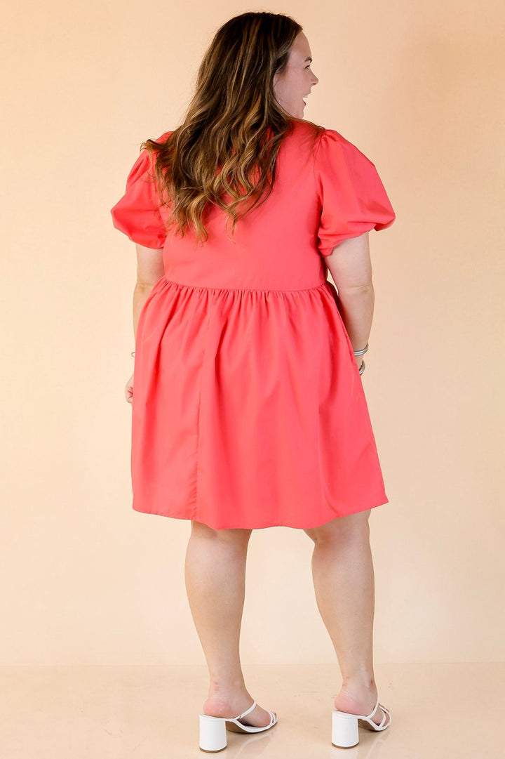 Short and Sweet Dress with Short Puff Sleeves and Bows in Coral Orange