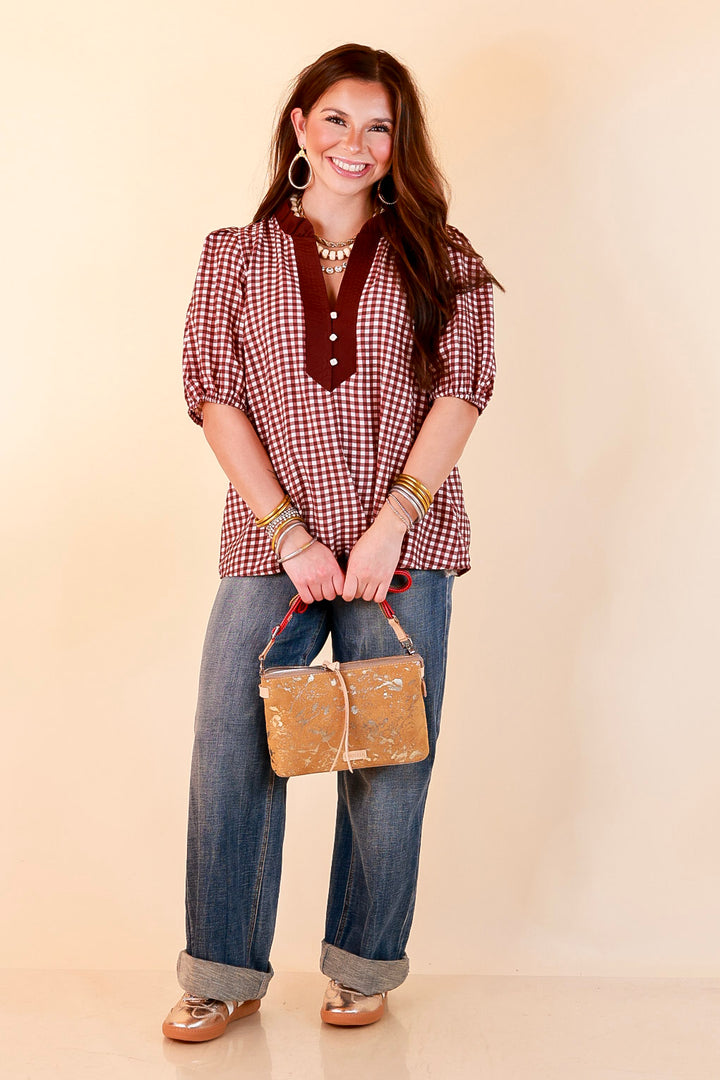 Check the Agenda Contrast V-Neck Button Detail Gingham Puff Sleeve Top in Maroon and Ivory