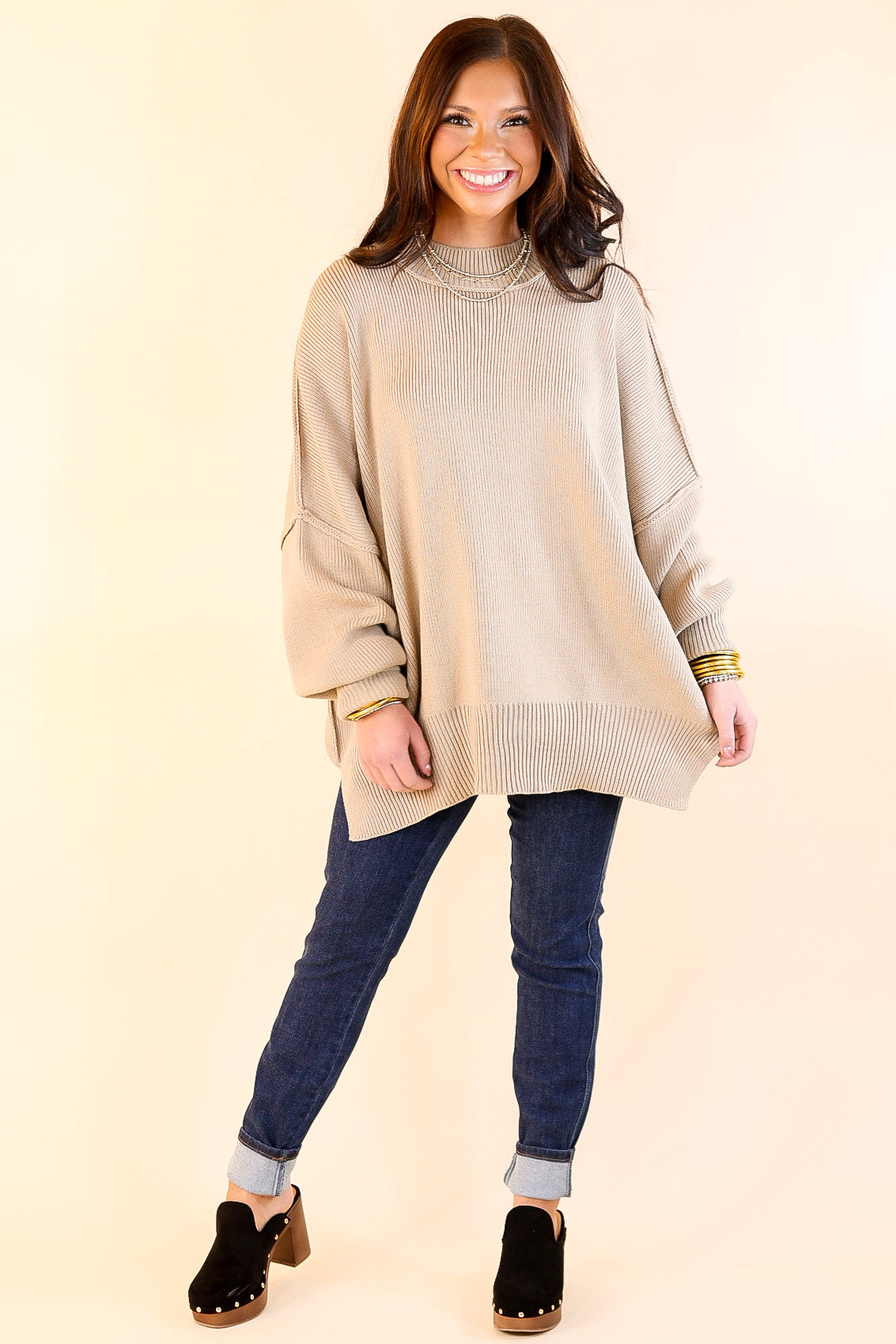 Snug and Stylish Mock Neck Sweater with Side Slit in Light Mocha Brown