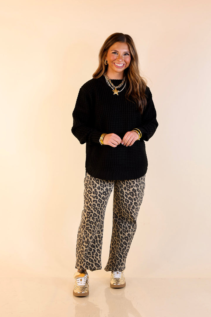 Cool Day Classic Scoop Neck Long Sleeve Large Waffle Knit Sweater in Black