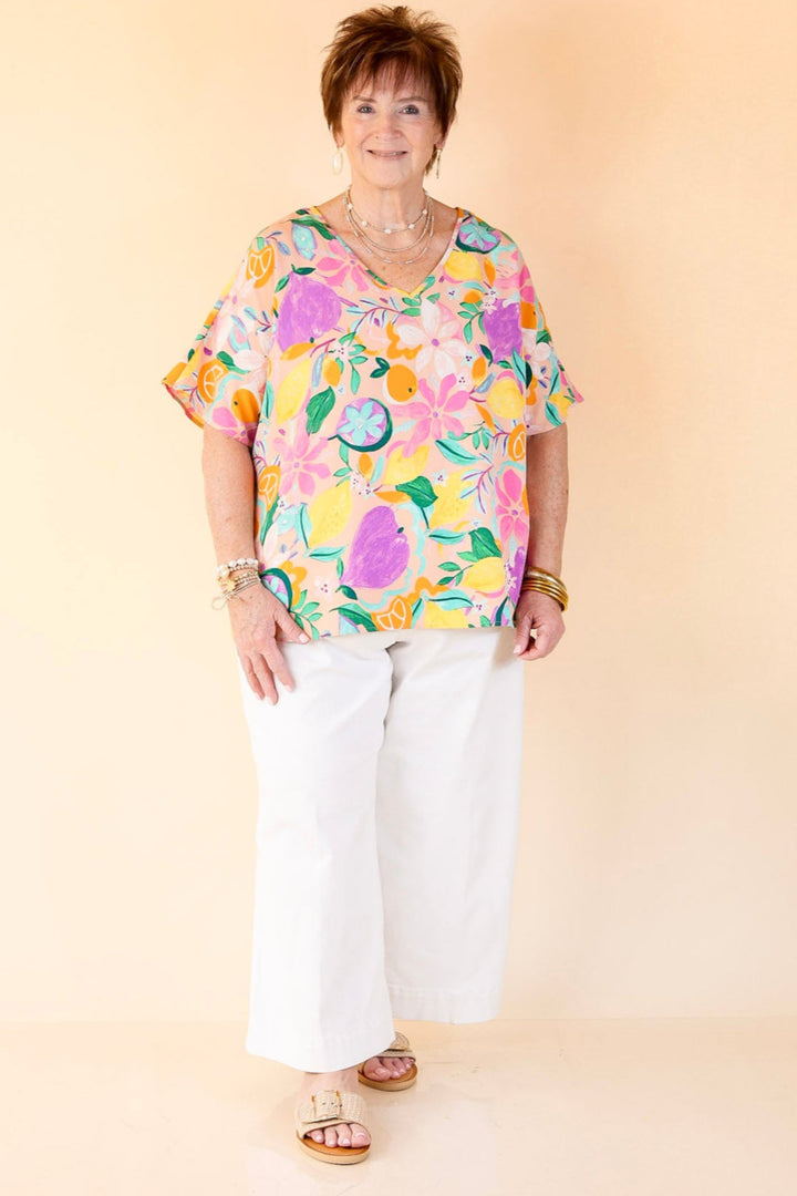 Majestic Moment V Neck Fruit Print Poncho Top in Blush Pink