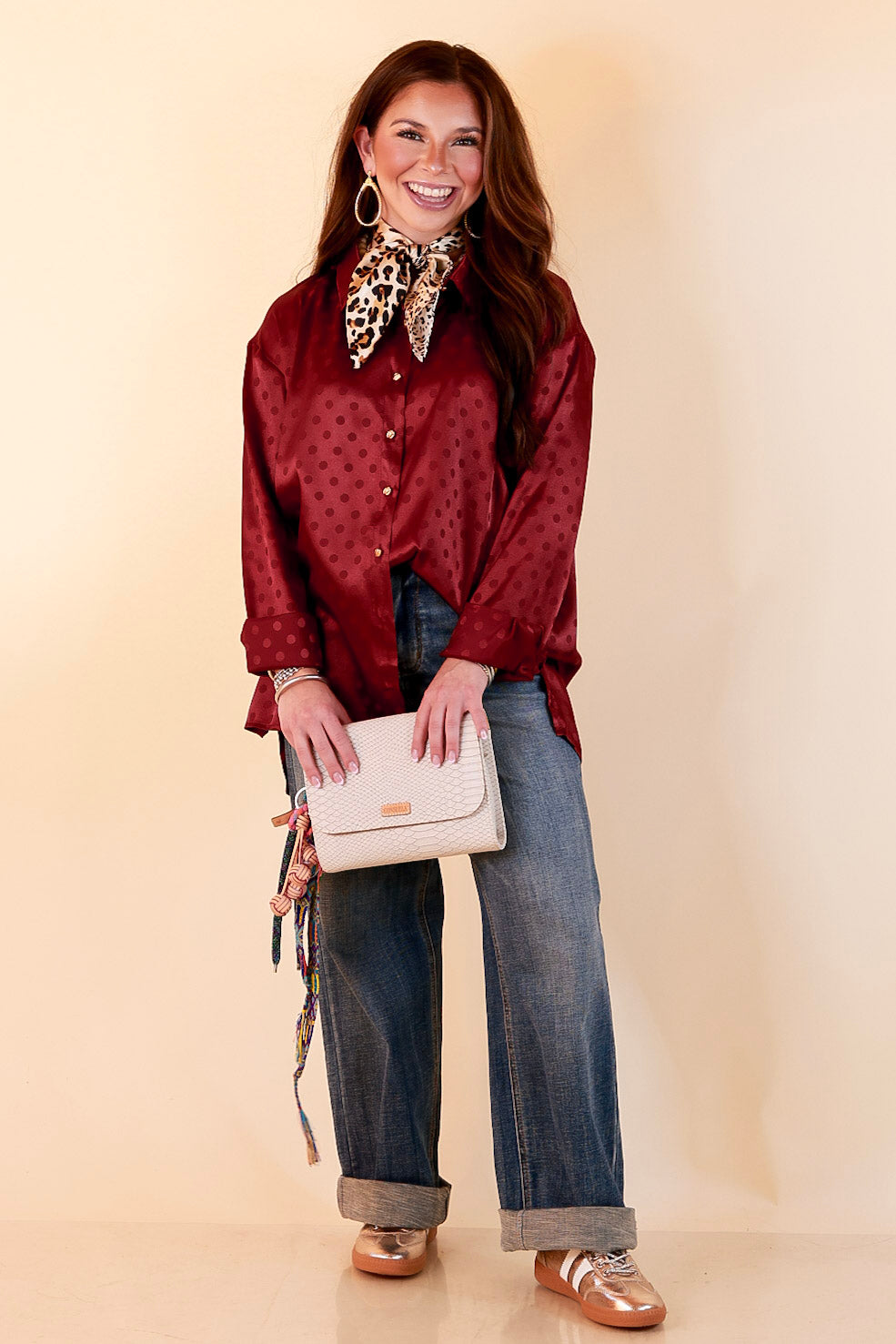 Polished Point of View Satin Collared Polka Dot Button Down Blouse with Gold Buttons in Maroon