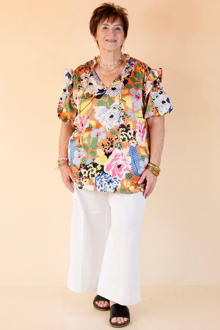 Malibu Villa Floral Print Top with Keyhole and Tie Neckline in Orange Mix