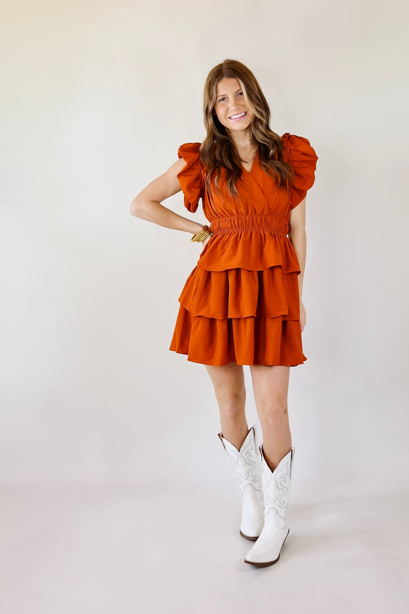 The Perfect Night Ruffle Cap Sleeve Dress in Pumpkin Orange - Giddy Up Glamour Boutique