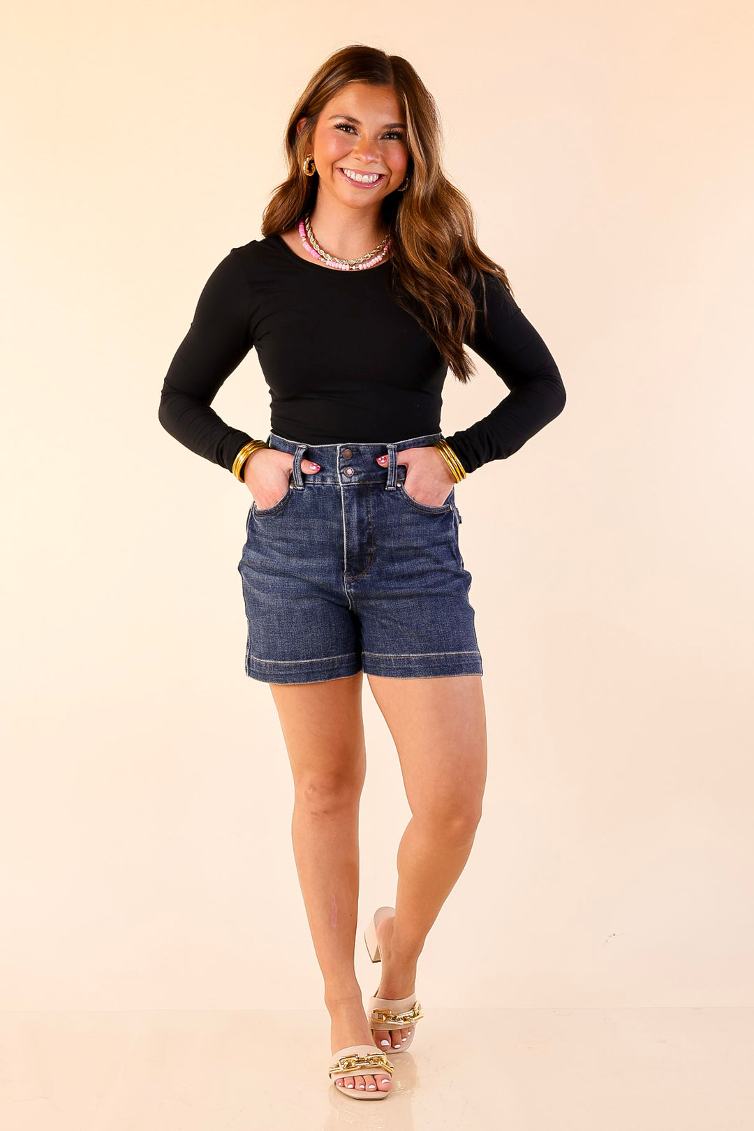 Judy Blue | Off-Duty Essential Tummy Control Trouser Shorts with Double Button Waistband in Dark Wash