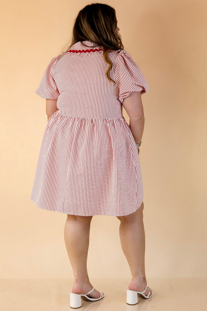 Sweet Statement Striped Babydoll Dress with Peter Pan Collar in Red and White