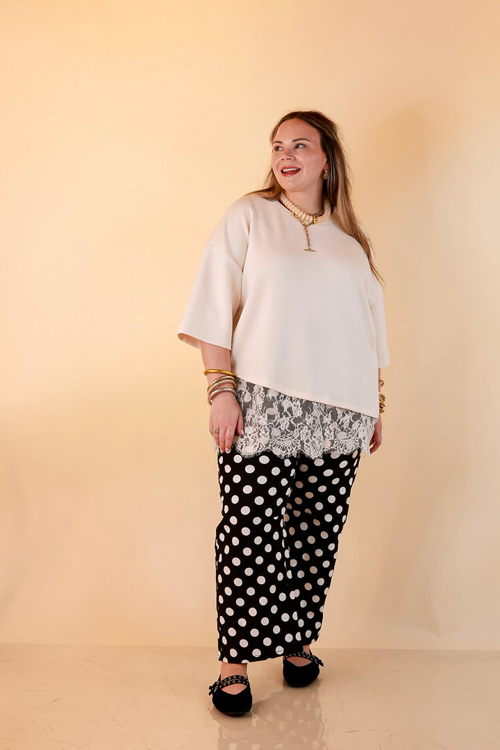 Just My Type Polka Dot Wide Leg Barrel Jeans with Drawstring Waist and Pockets in Black and White