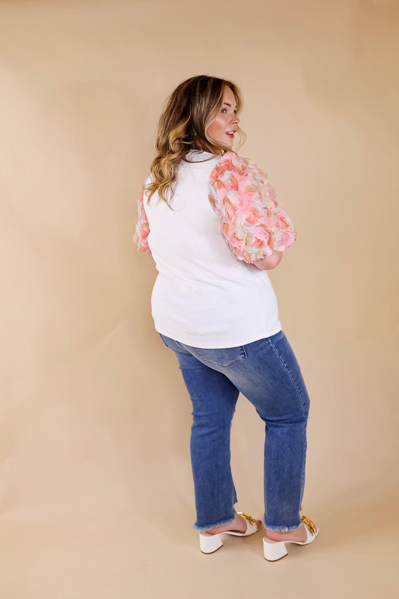 Spring Girls Multi-Color Floral Tulle Balloon Sleeve Top in White - Giddy Up Glamour Boutique