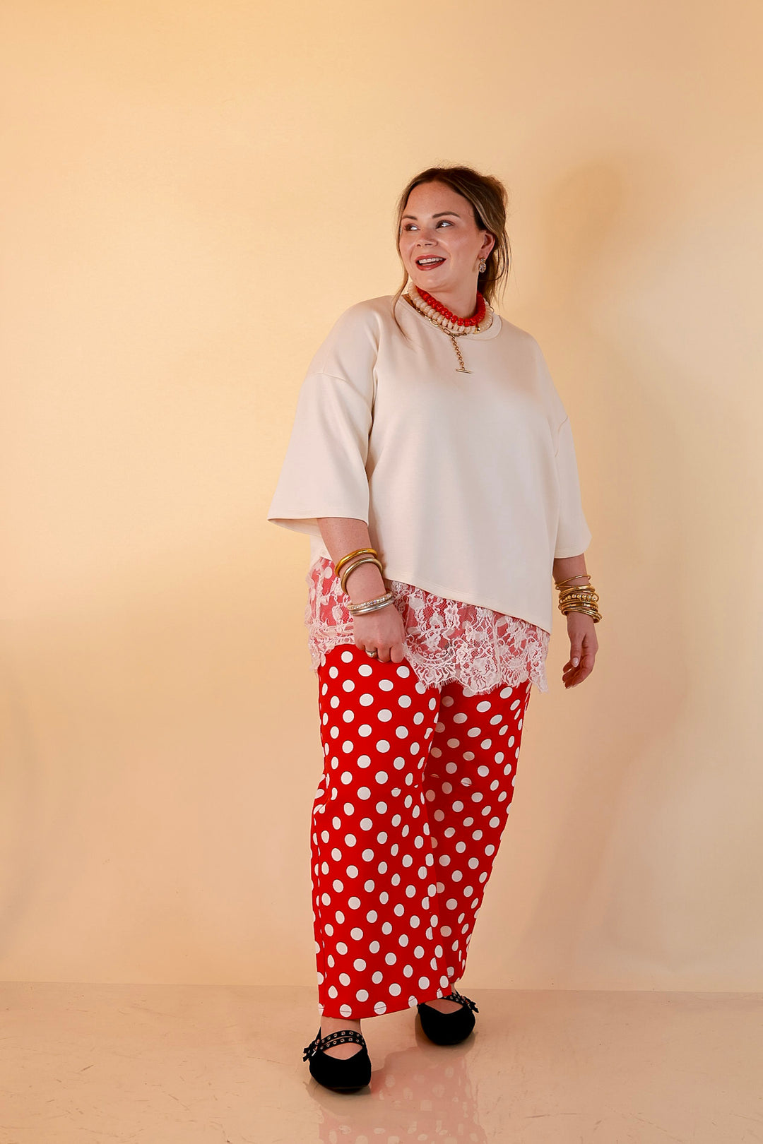 Just My Type Polka Dot Wide Leg Barrel Jeans with Drawstring Waist and Pockets in Red and White