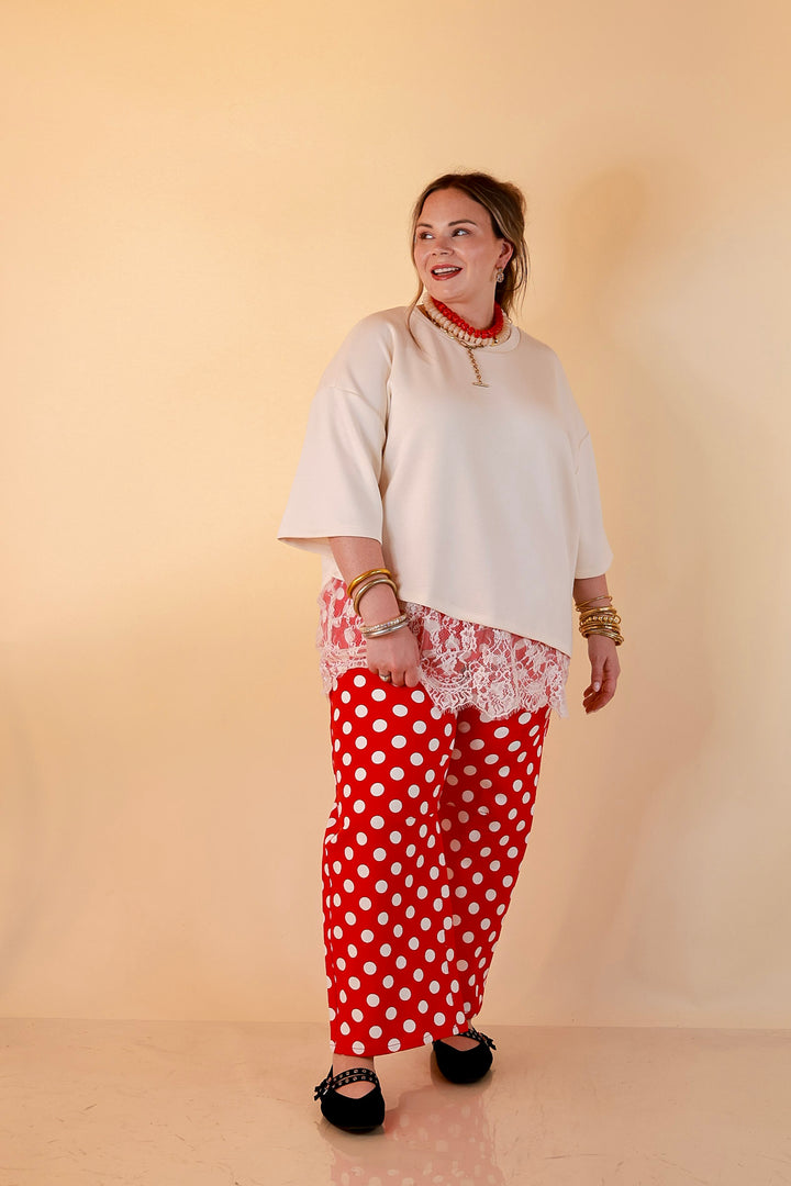 Just My Type Polka Dot Wide Leg Barrel Jeans with Drawstring Waist and Pockets in Red and White