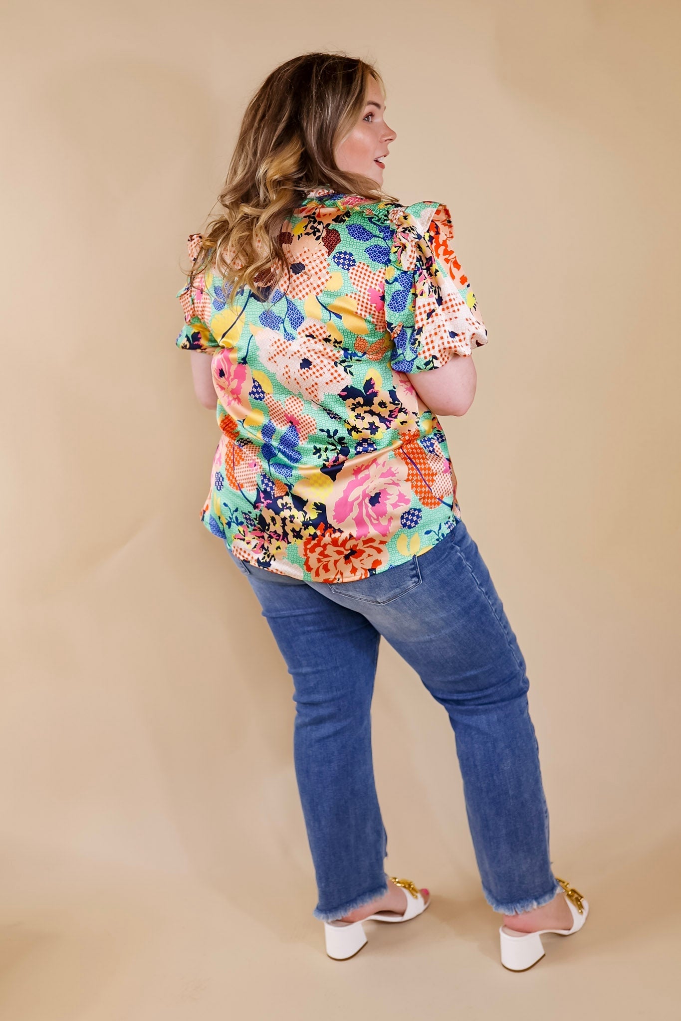 Malibu Villa Floral Print Top with Keyhole and Tie Neckline in Green Mix - Giddy Up Glamour Boutique