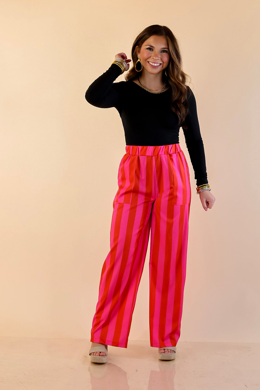 Electric Energy Elastic Waist Wide Leg Stripe Pants with Pockets in Pink and Red