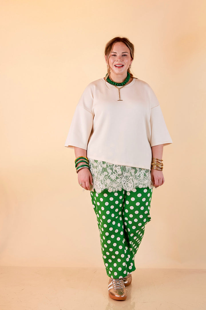 Just My Type Polka Dot Wide Leg Barrel Jeans with Drawstring Waist and Pockets in Green and White