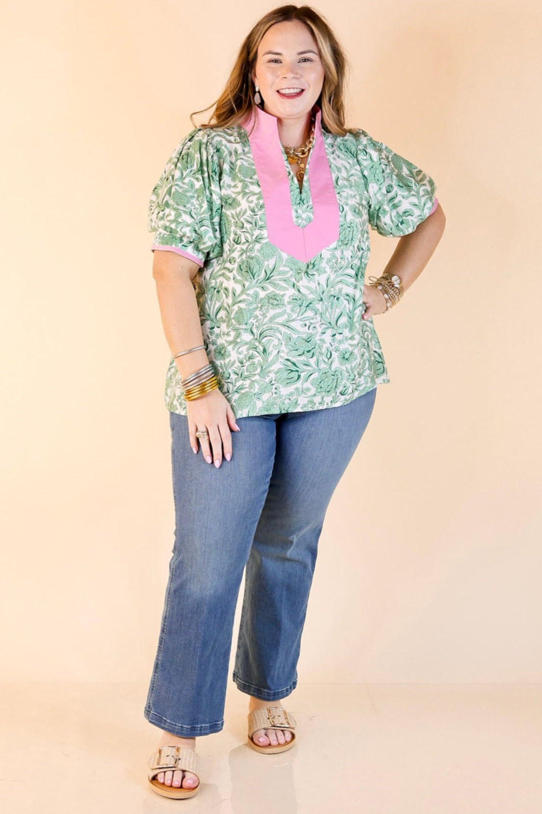 Blush and Bloom Floral Print Top with Short Puff Sleeves in Green