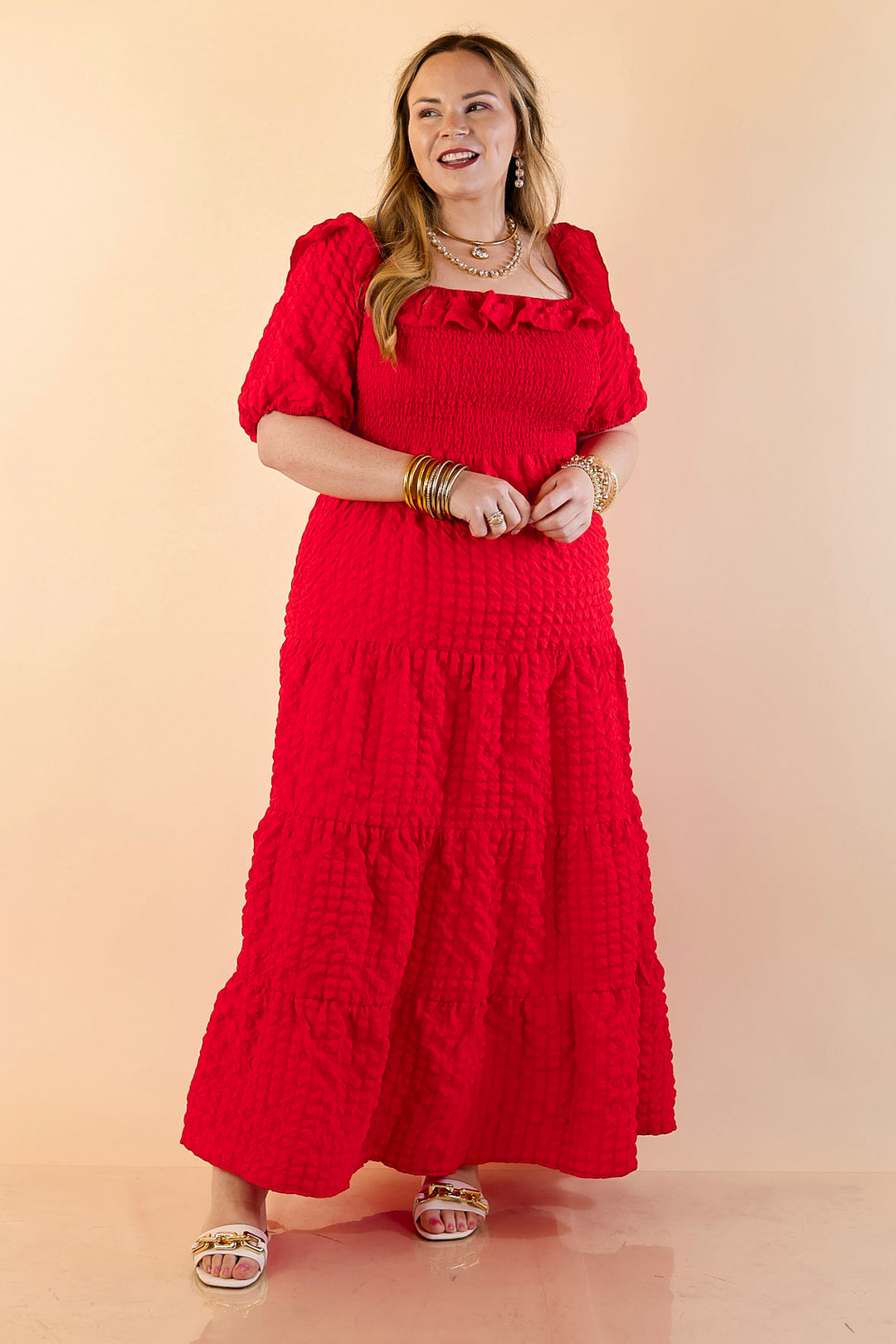 Simply Southern | Radiant Moment Textured Smocked Bodice Tiered Maxi Dress with Puff Sleeves in Red
