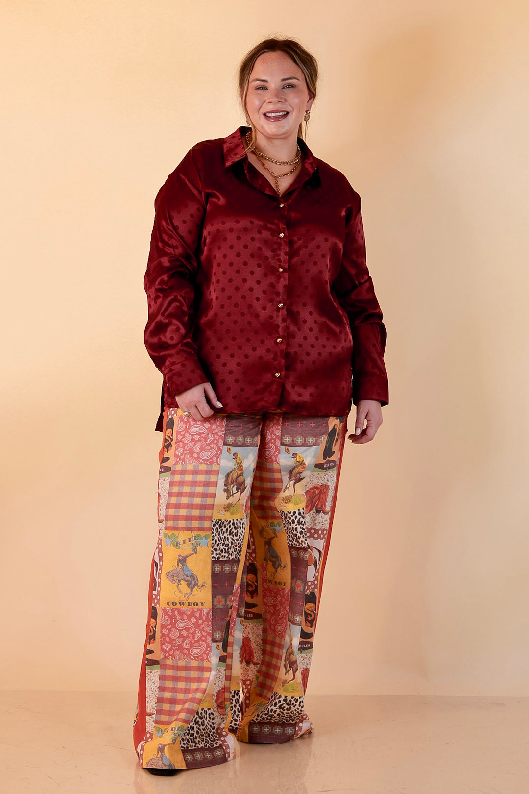 Western State of Mind Wide Leg Patchwork Cowboy Print Pants in Multicolor