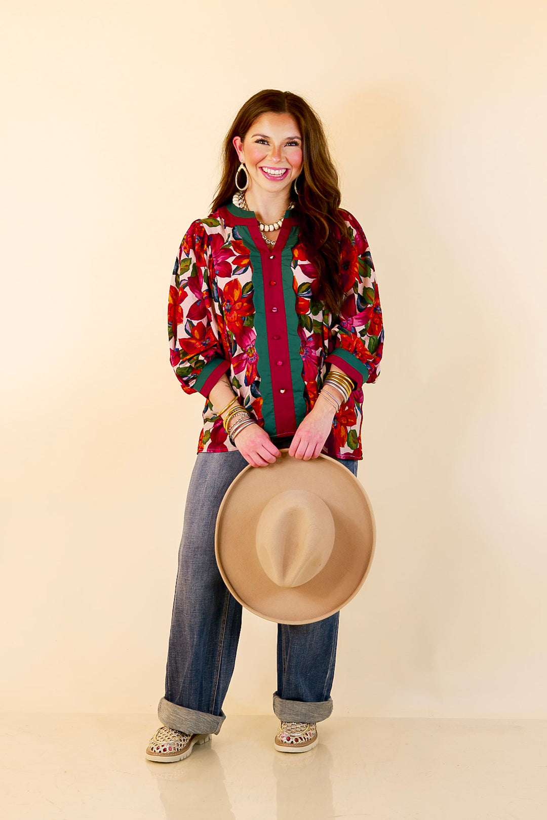 Color Me Confident Floral Print Button Front Contrast Trim Top in Ivory, Plum and Emerald Green