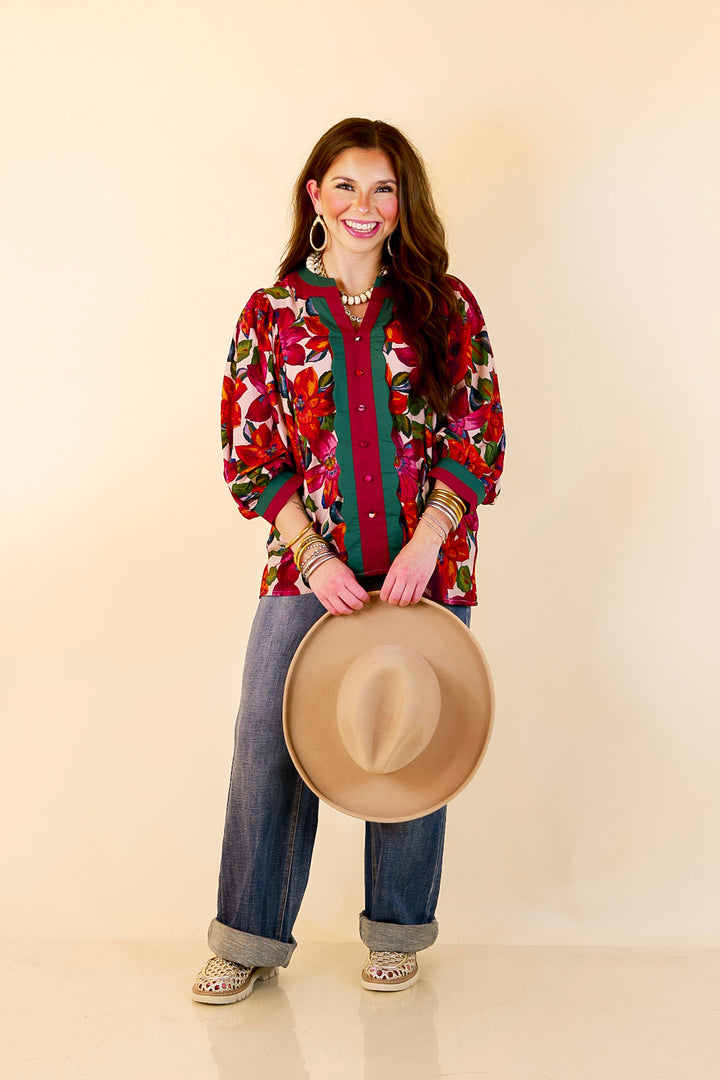 Color Me Confident Floral Print Button Front Contrast Trim Top in Ivory, Plum and Emerald Green