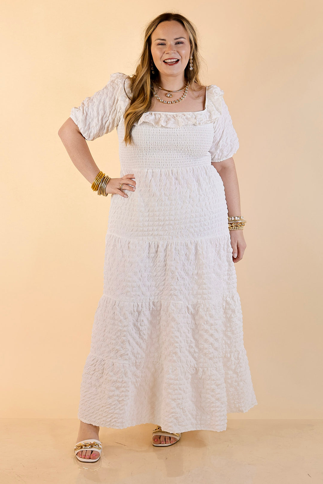 Simply Southern | Radiant Moment Textured Smocked Bodice Tiered Maxi Dress with Puff Sleeves in White