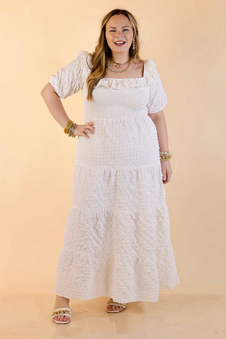 Simply Southern | Radiant Moment Textured Smocked Bodice Tiered Maxi Dress with Puff Sleeves in White
