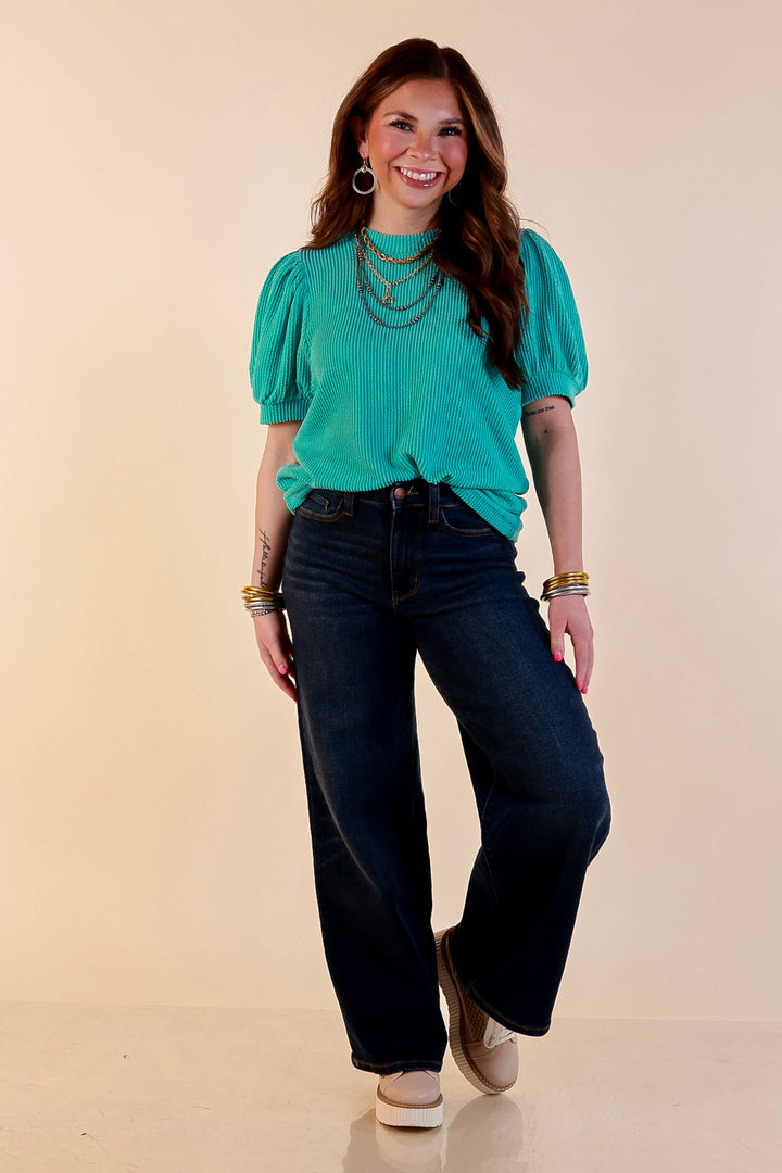 Sweet Sophistication Puff Short Sleeve Ribbed Top with Scoop Neck in Turquoise Blue