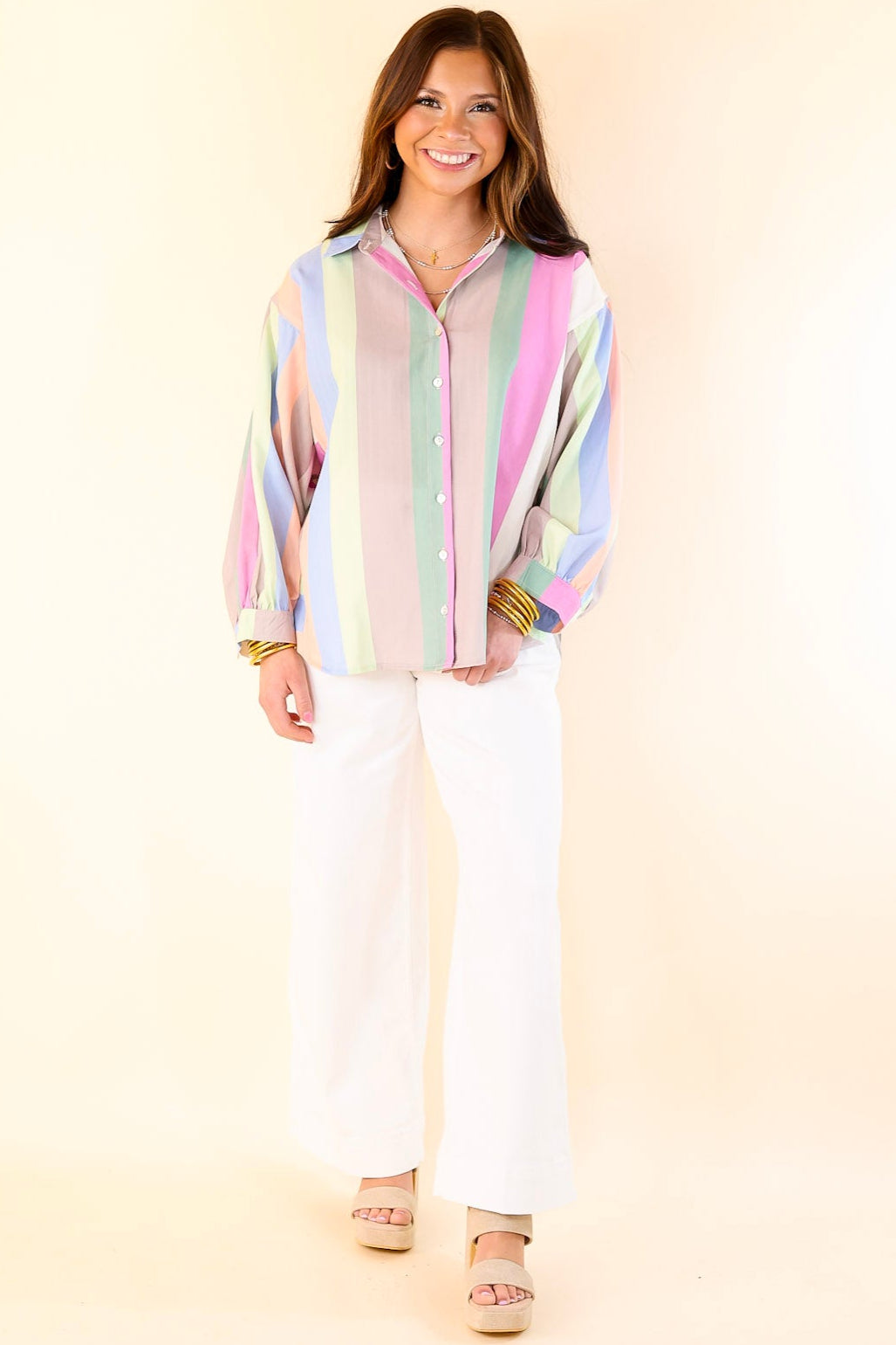Spring Hues Multicolor Long Sleeve Button Up Top