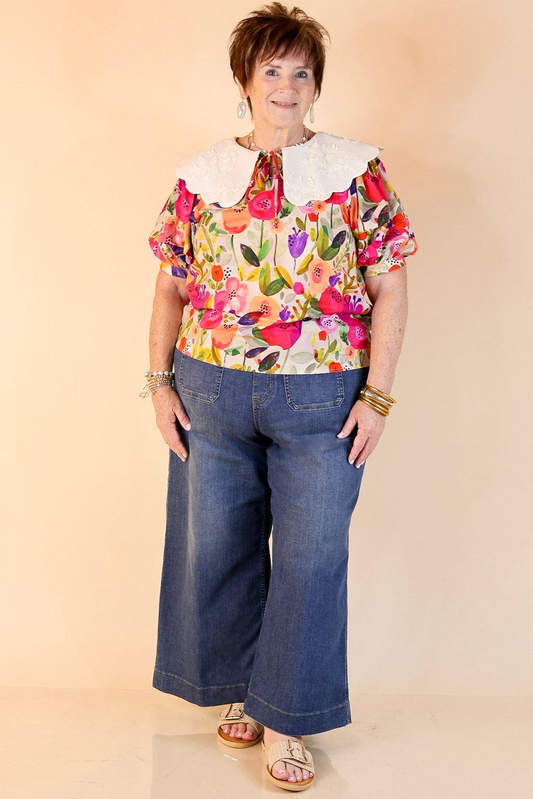 Lovely Look Multicolor Floral Print Top with White Peter Pan Collar