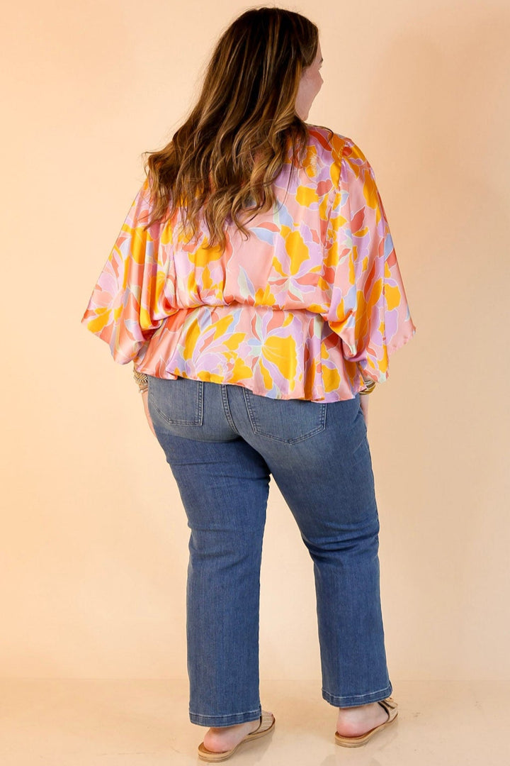 Hear the Music Drop Sleeve Satin Mosaic Print V Neck Peplum Top in Coral Pink Mix