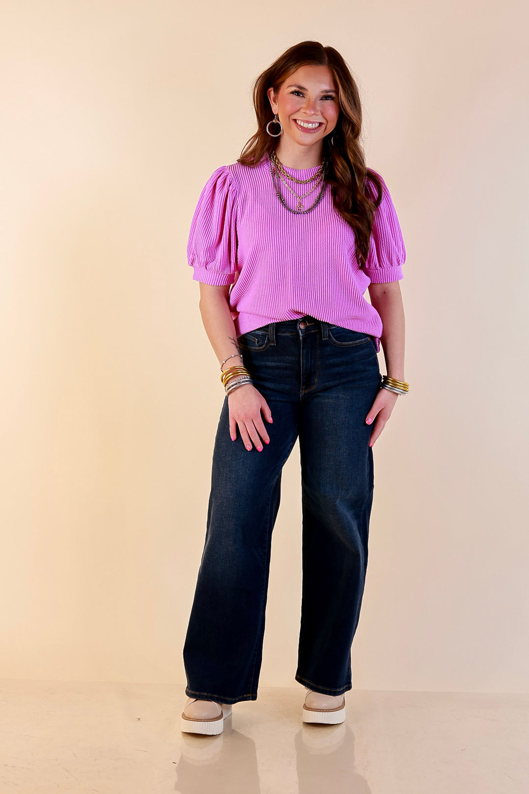 Sweet Sophistication Puff Short Sleeve Ribbed Top with Scoop Neck in Violet Purple