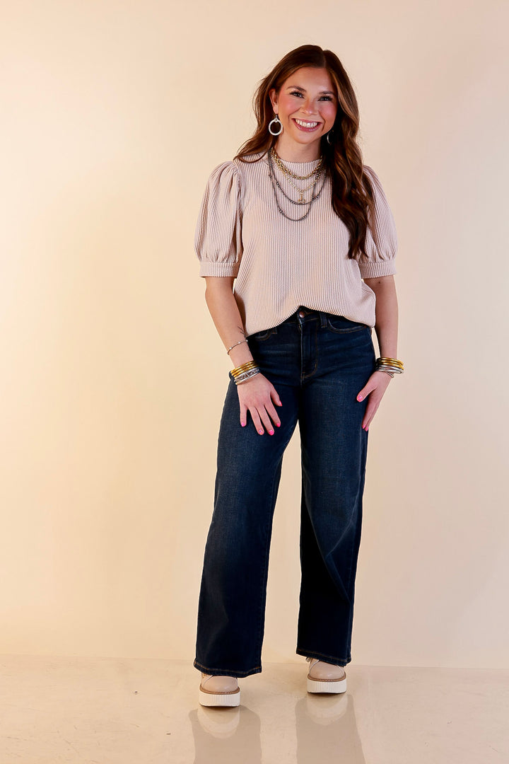 Sweet Sophistication Puff Short Sleeve Ribbed Top with Scoop Neck in Beige