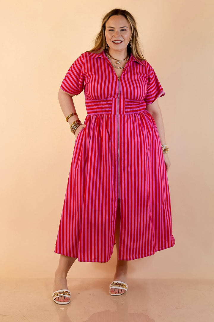 Modern Charm Zip Front Midi Striped Print Dress with Smocked Waist and Short Sleeves in Pink and Red