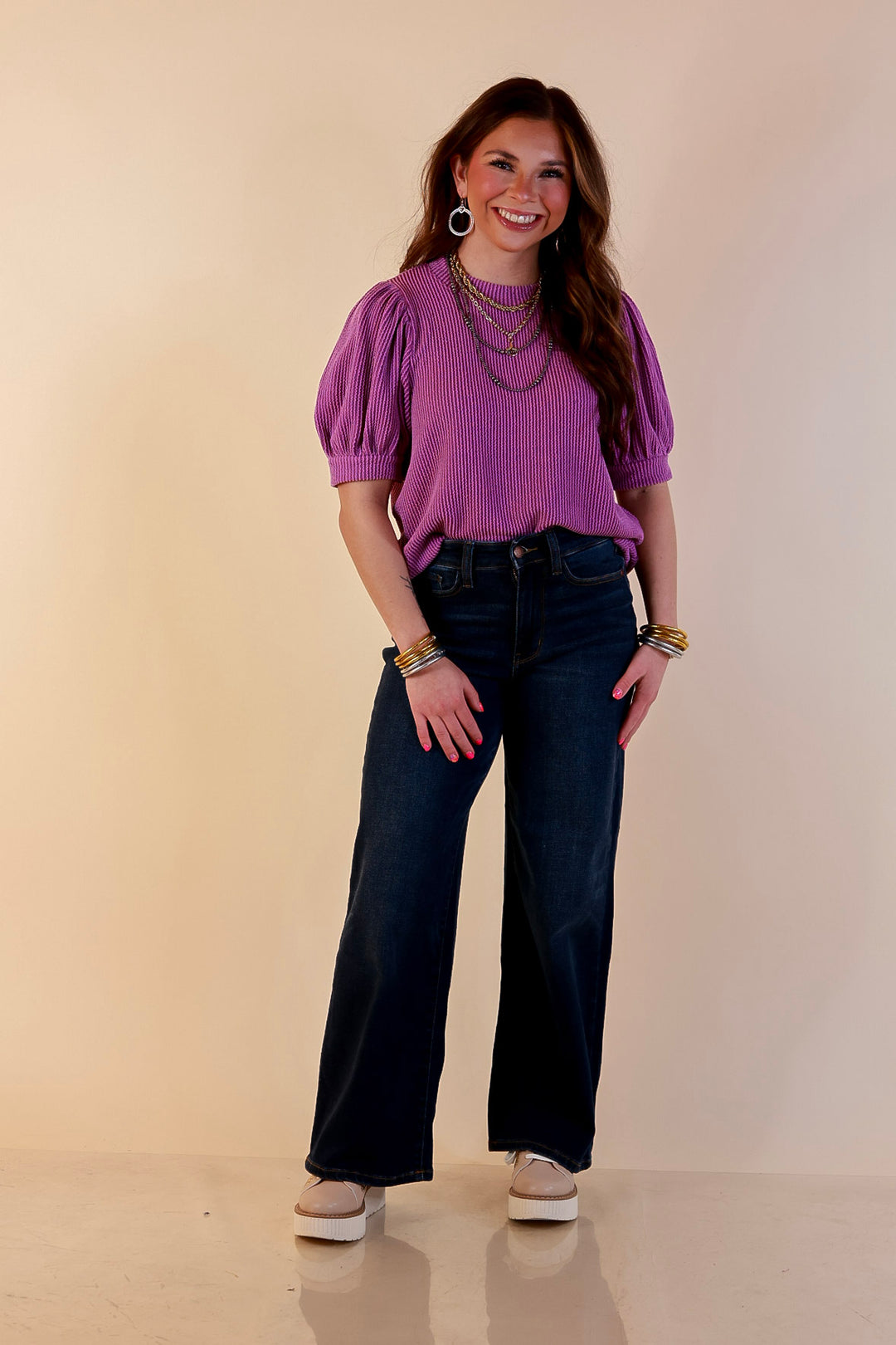 Sweet Sophistication Puff Short Sleeve Ribbed Top with Scoop Neck in Purple