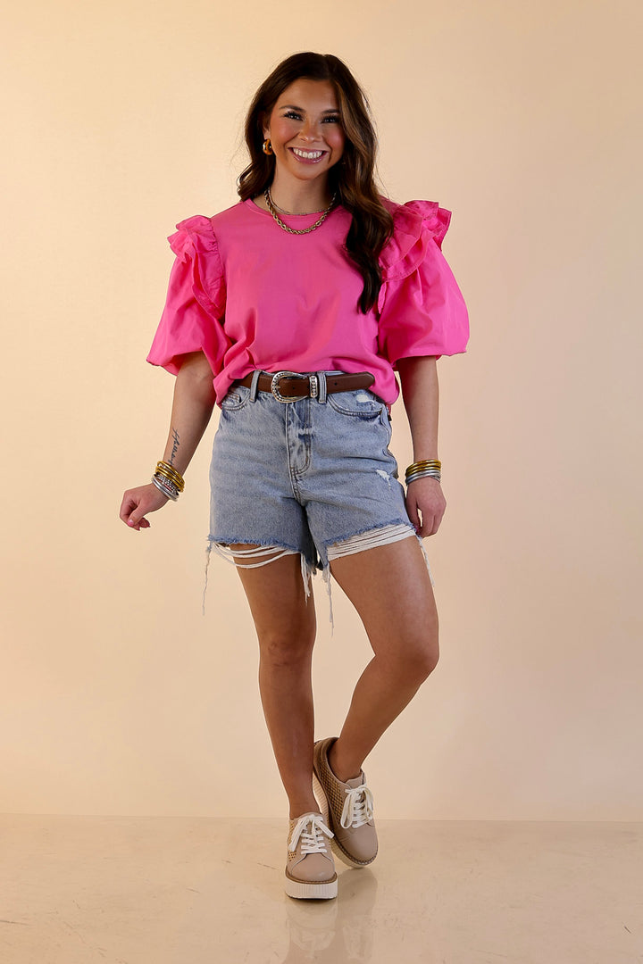 Mud Pie | Standout Style Ruffle Puff Sleeve Knit Top in Hot Pink