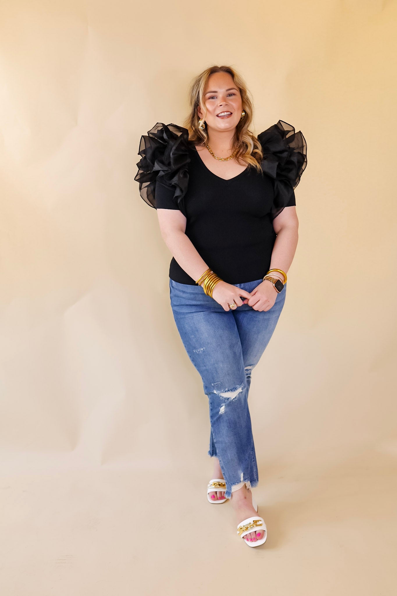 The Party Goes On Ribbed Fitted Top with Ruffle Sleeves in Black - Giddy Up Glamour Boutique