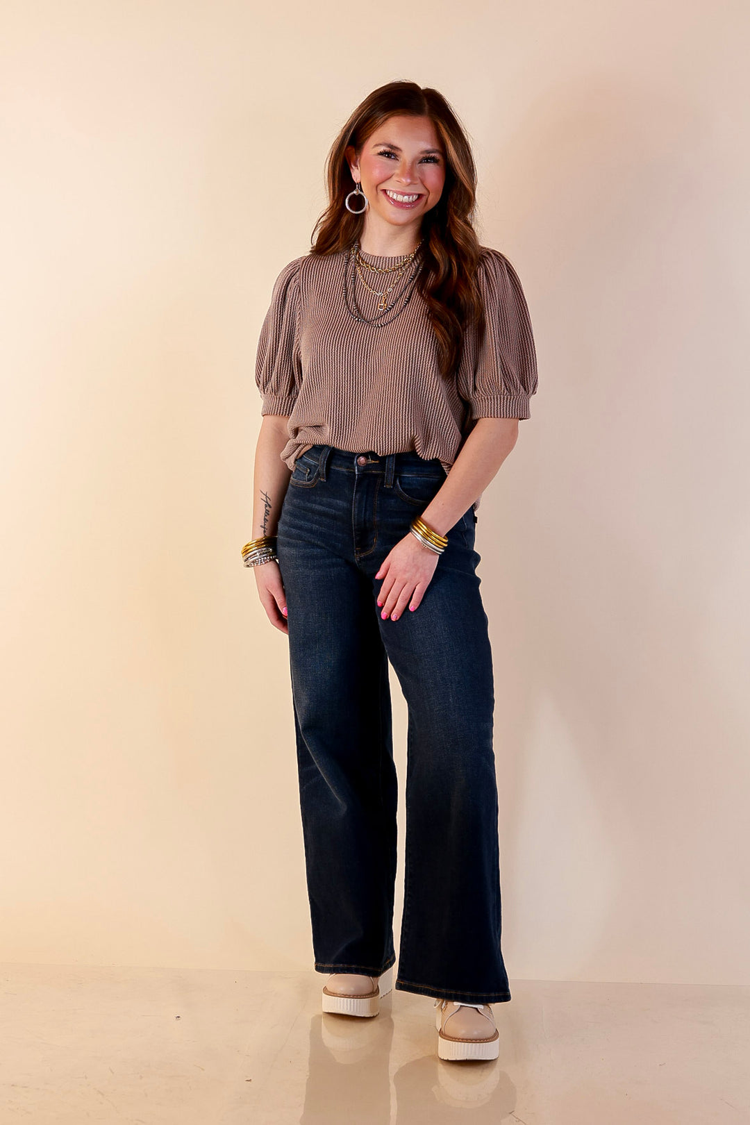 Sweet Sophistication Puff Short Sleeve Ribbed Top with Scoop Neck in Mocha Brown