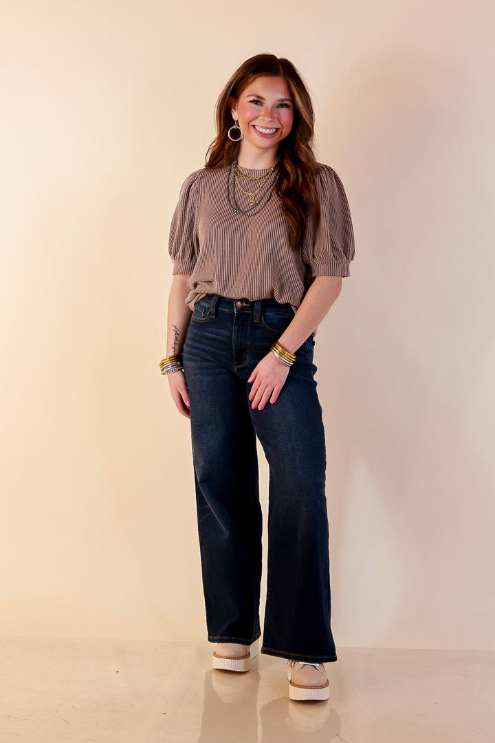 Sweet Sophistication Puff Short Sleeve Ribbed Top with Scoop Neck in Mocha Brown