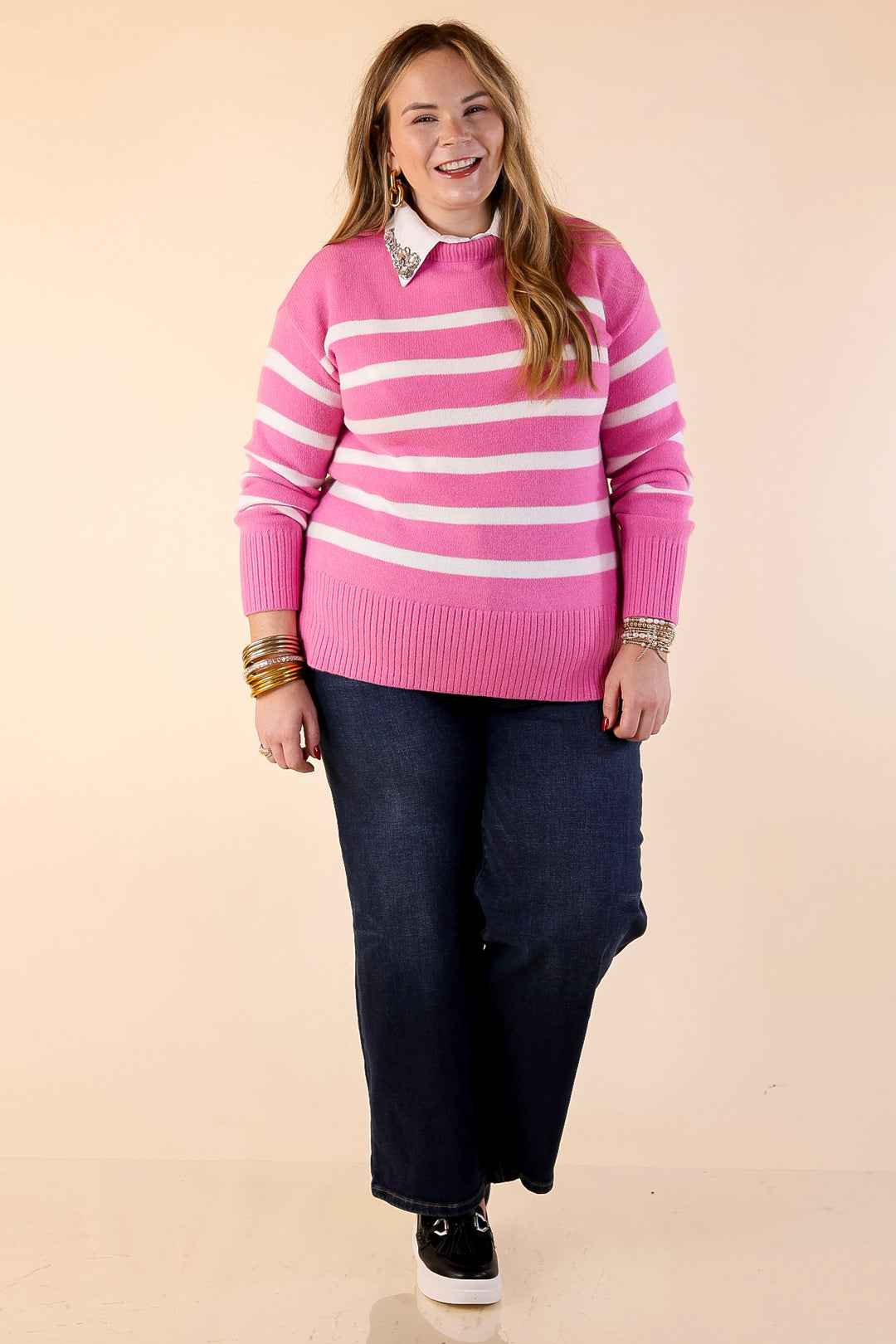 Chilly Day Charm Mock Neck Long Sleeve High-Low Striped Sweater in Pink with Ivory Stripes