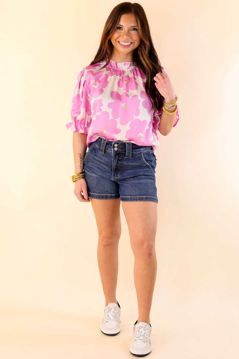 Divine Design Floral Blouse With Puffed Sleeve and Ruffle Neckline in Cream White