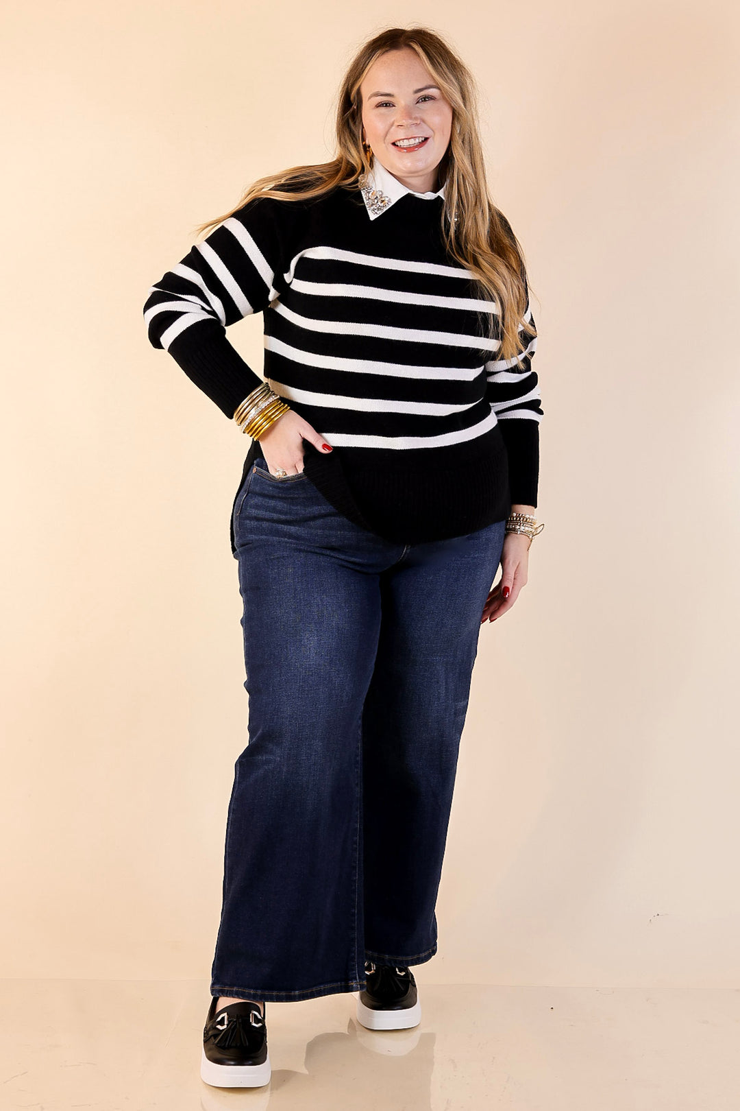 Chilly Day Charm Mock Neck Long Sleeve High-Low Striped Sweater in Black with Ivory Stripes