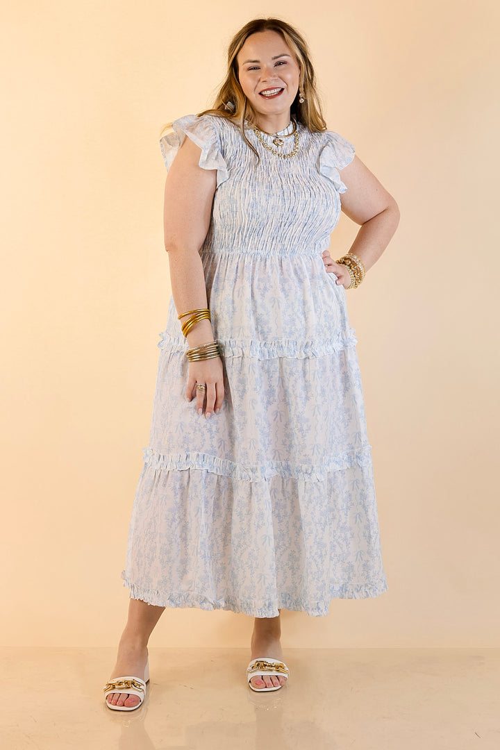 Mud Pie | Graceful Charm Smocked Toile Print Tiered Midi Dress with Ruffle Sleeves in Blue and White
