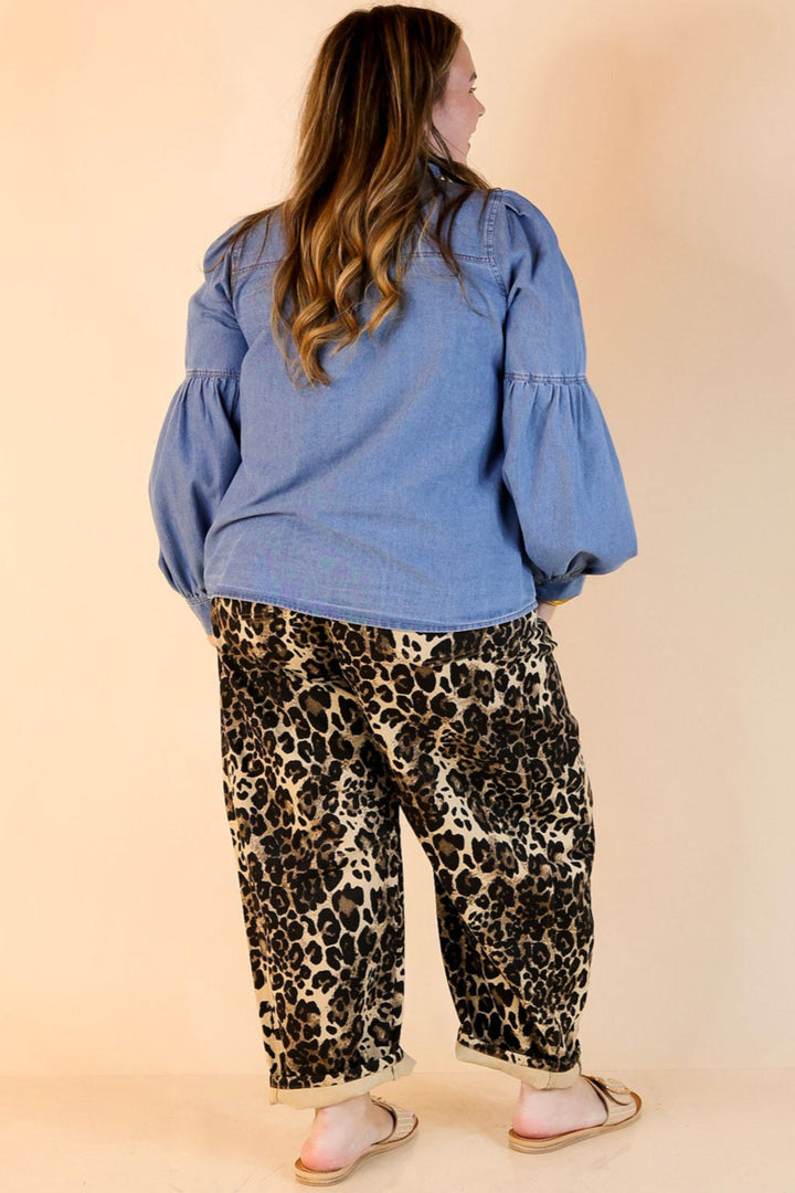 Steal the Show Denim Long Sleeve Button Up Top with Detachable Bow Tie