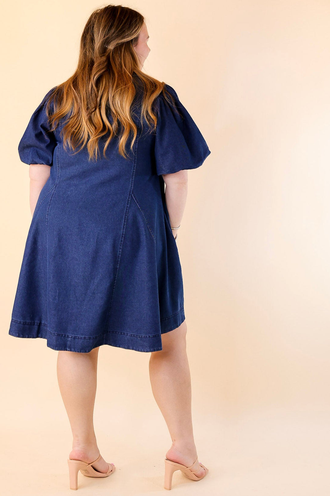 Denim Diva Button Up Denim Dress with Short Puff Sleeves