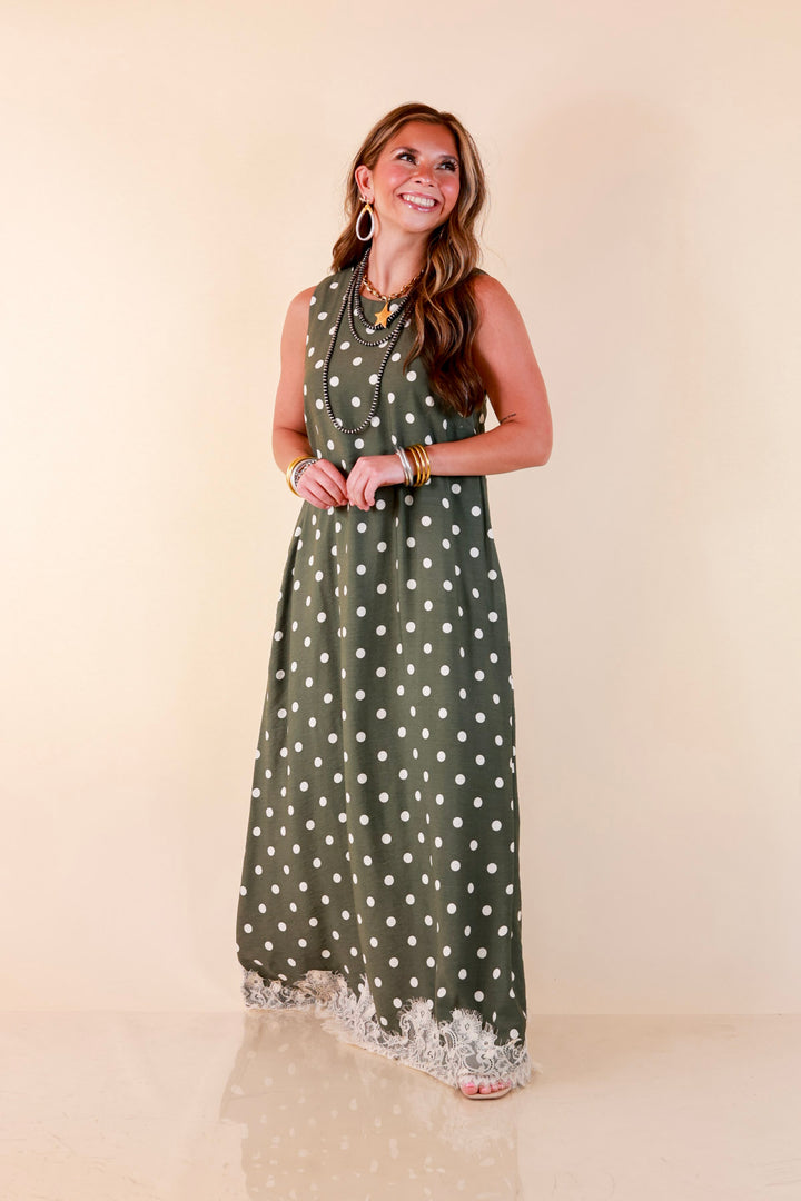 Sweet Little Something Polka Dot Sleeveless Maxi Dress with Lace Trim in Olive Green