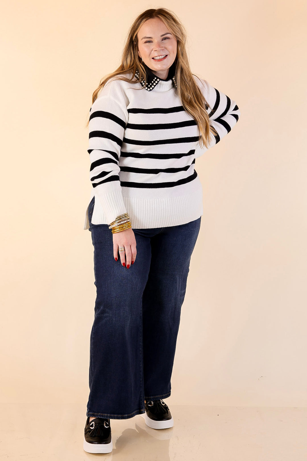 Chilly Day Charm Mock Neck Long Sleeve High-Low Striped Sweater in Ivory with Black Stripes